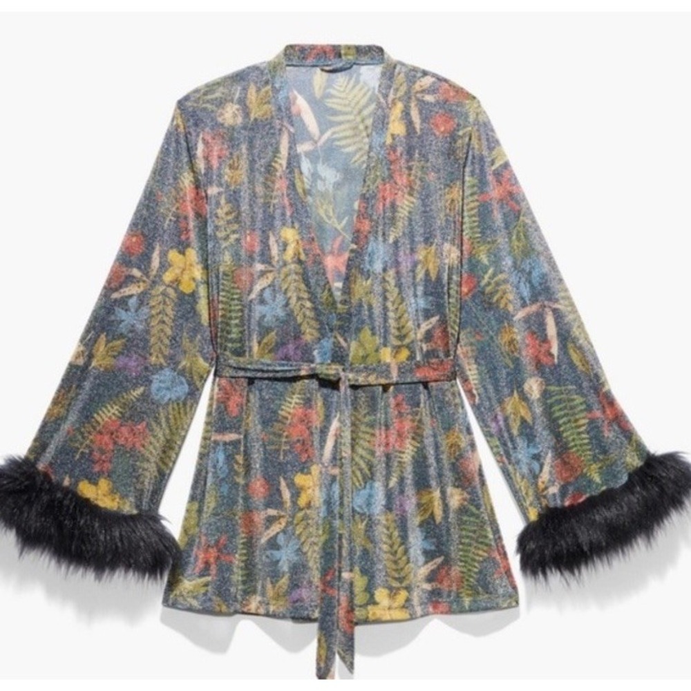 Savage X Fenty Trophy Wife Feather Trim Robe Women's Short Dressing Gown NEW TAG